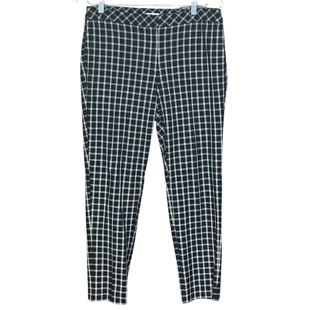 J.Jill trouser stretch plaid black white pants zipper hook pockets comfy size 10